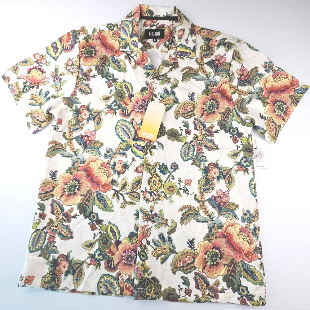 Malibu by Drill Clothing Co Floral Tapestry Print Short Sleeve Shirt Large NEW